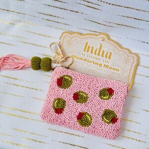 Wandering Moon Beaded Olive Martini Coin Pouch NWT Pink Glass Beads